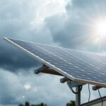 A modern, sleek solar panel array withstanding a powerful hurricane, showcasing the durable hurricane-rated systems engineered by MSM Solar LLC. The panels are securely mounted on a sturdy metal frame, able to withstand high winds and heavy rain. In the background, dark clouds loom, while in the foreground, sunlight breaks through, illuminating the resilient solar technology. The scene exudes a sense of reliability and resilience, highlighting MSM Solar LLC's commitment to providing top-quality, weather-resistant solar solutions for homes and businesses.