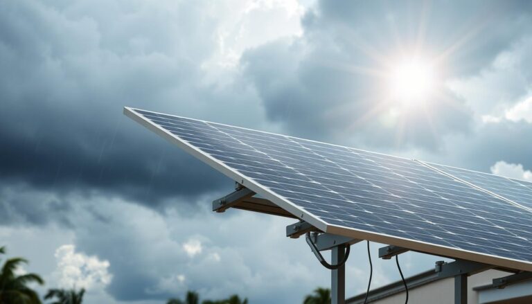 A modern, sleek solar panel array withstanding a powerful hurricane, showcasing the durable hurricane-rated systems engineered by MSM Solar LLC. The panels are securely mounted on a sturdy metal frame, able to withstand high winds and heavy rain. In the background, dark clouds loom, while in the foreground, sunlight breaks through, illuminating the resilient solar technology. The scene exudes a sense of reliability and resilience, highlighting MSM Solar LLC's commitment to providing top-quality, weather-resistant solar solutions for homes and businesses.