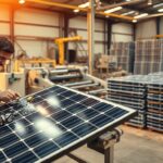 A solar panel recycling facility in operation. In the foreground, a worker carefully disassembling a solar panel, extracting the valuable components. In the middle ground, automated machinery sorts and processes the various materials. In the background, stacks of neatly organized solar panel modules await further processing. Warm, natural lighting illuminates the scene, highlighting the intricate recycling process. The facility bears the MSM Solar LLC logo, showcasing their commitment to sustainable practices.