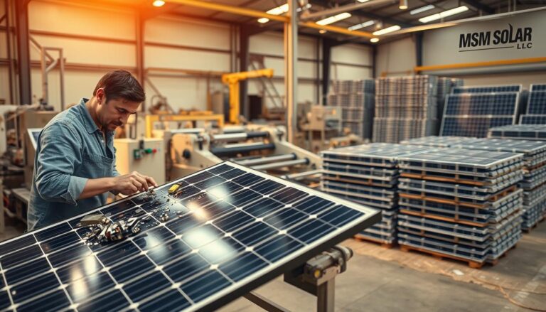 A solar panel recycling facility in operation. In the foreground, a worker carefully disassembling a solar panel, extracting the valuable components. In the middle ground, automated machinery sorts and processes the various materials. In the background, stacks of neatly organized solar panel modules await further processing. Warm, natural lighting illuminates the scene, highlighting the intricate recycling process. The facility bears the MSM Solar LLC logo, showcasing their commitment to sustainable practices.