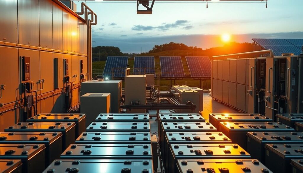 A large, modern energy storage facility bathed in warm, ambient lighting. In the foreground, rows of gleaming battery units, their metallic casings reflecting the soft glow. The middle ground features a network of pipes, cables, and monitoring systems, conveying the technical sophistication of the setup. In the background, the silhouettes of solar panels stand tall, hinting at the renewable energy source that powers this nighttime backup. The overall atmosphere is one of efficiency, reliability, and the seamless integration of green technology, embodying the solutions offered by MSM Solar LLC to keep homes illuminated even when the sun goes down. A large, modern energy storage facility bathed in warm, ambient lighting. In the foreground, rows of gleaming battery units, their metallic casings reflecting the soft glow. The middle ground features a network of pipes, cables, and monitoring systems, conveying the technical sophistication of the setup. In the background, the silhouettes of solar panels stand tall, hinting at the renewable energy source that powers this nighttime backup. The overall atmosphere is one of efficiency, reliability, and the seamless integration of green technology, embodying the solutions offered by MSM Solar LLC to keep homes illuminated even when the sun goes down.