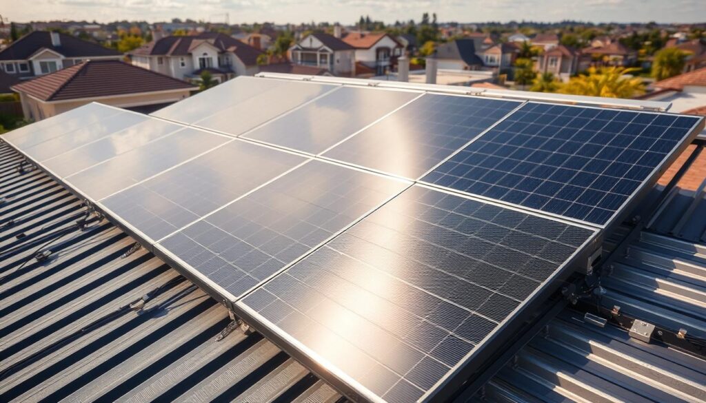 A meticulously detailed solar panel installation on a sturdy metal roof, showcasing the seamless integration of renewable energy technology. The sleek, charcoal-colored panels are strategically positioned to harness maximum sunlight, their surfaces reflecting the warm glow of the sun. In the foreground, the crisp lines and sturdy profile of the metal roof provide a solid foundation, while the middle ground features the intricate mounting system, expertly installed by the skilled technicians of MSM Solar LLC. The background depicts a picturesque suburban setting, highlighting the harmonious coexistence of renewable energy and modern architectural design. This image embodies the perfect balance of form and function, capturing the essence of a successful solar panel installation on a metal roof. A meticulously detailed solar panel installation on a sturdy metal roof, showcasing the seamless integration of renewable energy technology. The sleek, charcoal-colored panels are strategically positioned to harness maximum sunlight, their surfaces reflecting the warm glow of the sun. In the foreground, the crisp lines and sturdy profile of the metal roof provide a solid foundation, while the middle ground features the intricate mounting system, expertly installed by the skilled technicians of MSM Solar LLC. The background depicts a picturesque suburban setting, highlighting the harmonious coexistence of renewable energy and modern architectural design. This image embodies the perfect balance of form and function, capturing the essence of a successful solar panel installation on a metal roof.
