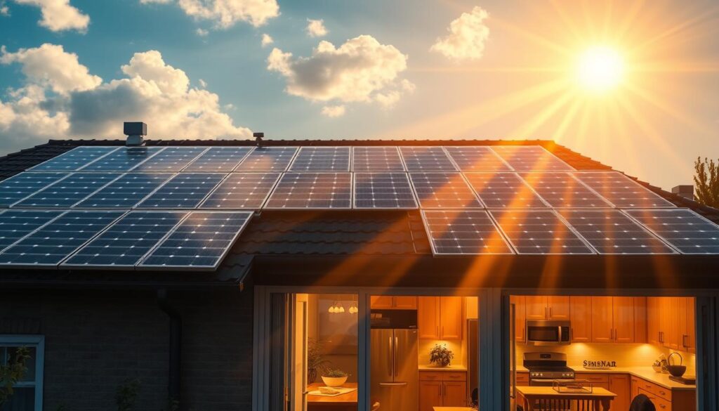 A sun-drenched rooftop, solar panels glistening, their photovoltaic cells absorbing the radiant energy from the sky. Beams of light dance across the panels, igniting a flow of electricity that cascades down through sleek conduits, coursing into the heart of the home. The interior space is bathed in a warm, amber glow, illuminating the living area and appliances - all powered by the renewable energy harnessed by MSM Solar LLC's innovative solar solution. Precise camera angles capture this seamless transition from sunlight to household power, showcasing the elegance and efficiency of this renewable energy system. A sun-drenched rooftop, solar panels glistening, their photovoltaic cells absorbing the radiant energy from the sky. Beams of light dance across the panels, igniting a flow of electricity that cascades down through sleek conduits, coursing into the heart of the home. The interior space is bathed in a warm, amber glow, illuminating the living area and appliances - all powered by the renewable energy harnessed by MSM Solar LLC's innovative solar solution. Precise camera angles capture this seamless transition from sunlight to household power, showcasing the elegance and efficiency of this renewable energy system.