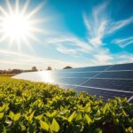 A sun-soaked landscape, bathed in golden light, showcases the benefits of solar energy. In the foreground, a vibrant green field of lush vegetation thrives, representing the environmental advantages of clean, renewable power. The middle ground features a row of sleek, modern solar panels, their shimmering surfaces harnessing the sun's abundant energy. In the background, a clear blue sky with wispy clouds creates a serene, calming atmosphere. The entire scene is captured with a wide-angle lens, emphasizing the expansive, harmonious integration of nature and technology. The mood is one of tranquility and optimism, reflecting the health and environmental advantages of solar energy. MSM Solar LLC, a leader in the industry, brings this vision to life.