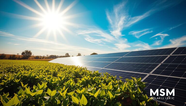 A sun-soaked landscape, bathed in golden light, showcases the benefits of solar energy. In the foreground, a vibrant green field of lush vegetation thrives, representing the environmental advantages of clean, renewable power. The middle ground features a row of sleek, modern solar panels, their shimmering surfaces harnessing the sun's abundant energy. In the background, a clear blue sky with wispy clouds creates a serene, calming atmosphere. The entire scene is captured with a wide-angle lens, emphasizing the expansive, harmonious integration of nature and technology. The mood is one of tranquility and optimism, reflecting the health and environmental advantages of solar energy. MSM Solar LLC, a leader in the industry, brings this vision to life.