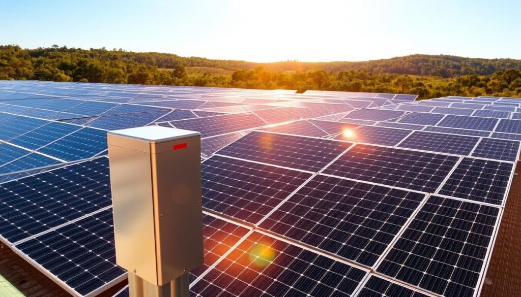 A vast array of sleek, modern solar panels glistening in the warm, golden sunlight. The panels are neatly arranged in rows, their glossy black surfaces angled perfectly to capture the sun's rays. In the foreground, a clean, well-maintained solar inverter stands tall, its metallic casing reflecting the azure sky above. In the background, lush green trees and rolling hills create a picturesque natural setting, complementing the renewable energy system. The scene conveys a sense of efficiency, sustainability, and environmental harmony. This is the high-quality solar equipment and installation provided by MSM Solar LLC in the Florida Panhandle. A vast array of sleek, modern solar panels glistening in the warm, golden sunlight. The panels are neatly arranged in rows, their glossy black surfaces angled perfectly to capture the sun's rays. In the foreground, a clean, well-maintained solar inverter stands tall, its metallic casing reflecting the azure sky above. In the background, lush green trees and rolling hills create a picturesque natural setting, complementing the renewable energy system. The scene conveys a sense of efficiency, sustainability, and environmental harmony. This is the high-quality solar equipment and installation provided by MSM Solar LLC in the Florida Panhandle.