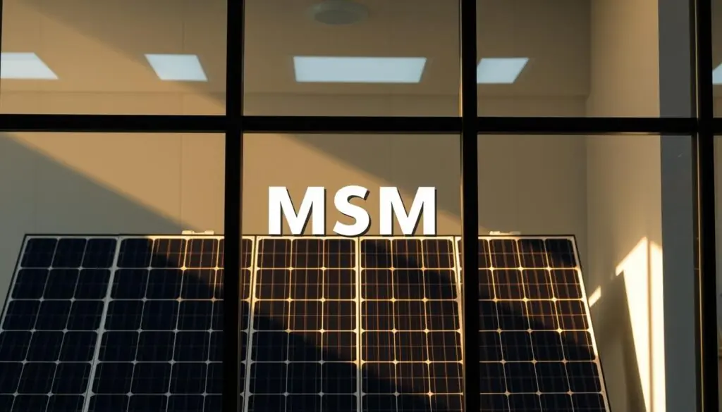 Detailed solar panels behind glass in a clean, modern interior setting. A sleek, minimalist design with the MSM Solar LLC logo prominently displayed. Panels are arranged in a symmetrical grid, bathed in warm, directional lighting that creates defined shadows and highlights the textural qualities of the glass. The background is a soft, muted palette, allowing the solar panels to take center stage. Capture the sense of innovation, sustainability, and technical precision that defines the MSM Solar LLC brand. Detailed solar panels behind glass in a clean, modern interior setting. A sleek, minimalist design with the MSM Solar LLC logo prominently displayed. Panels are arranged in a symmetrical grid, bathed in warm, directional lighting that creates defined shadows and highlights the textural qualities of the glass. The background is a soft, muted palette, allowing the solar panels to take center stage. Capture the sense of innovation, sustainability, and technical precision that defines the MSM Solar LLC brand.