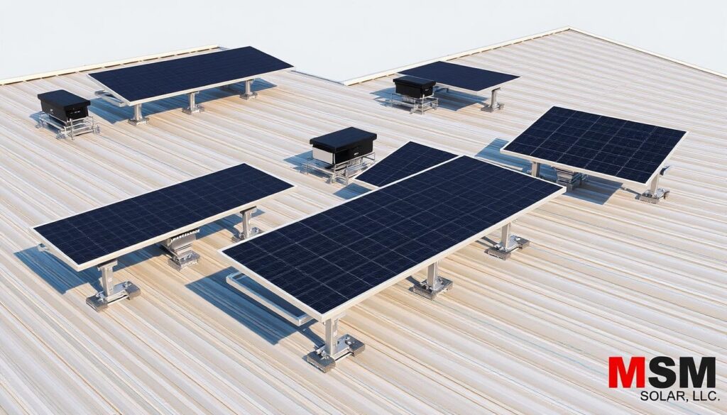 High-quality, realistic 3D render of a metal roof with multiple solar panel mounting systems in various configurations, viewed from an angle showcasing the different mounts. The setup should feature robust metal frames, adjustable tilt angles, and sleek black solar panels that seamlessly integrate with the roof. Emphasize the modular and customizable nature of the mounting systems. Incorporate natural lighting with shadows to create depth and dimension. Watermark images with "MSM Solar LLC". High-quality, realistic 3D render of a metal roof with multiple solar panel mounting systems in various configurations, viewed from an angle showcasing the different mounts. The setup should feature robust metal frames, adjustable tilt angles, and sleek black solar panels that seamlessly integrate with the roof. Emphasize the modular and customizable nature of the mounting systems. Incorporate natural lighting with shadows to create depth and dimension. Watermark images with "MSM Solar LLC".