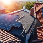 Sleek solar panels gracefully adorning diverse roof types - a modern farmhouse with a pitched tin roof, a mid-century bungalow with a flat tar-and-gravel surface, and a contemporary home featuring a tiled Mediterranean-style roof. The panels capture the sun's energy, casting a warm glow across the scene. Crisp shadows highlight the intricate textures of the roofing materials, creating a visually striking balance. The image conveys the versatility of MSM Solar LLC's solutions, seamlessly integrating renewable technology with various architectural styles.