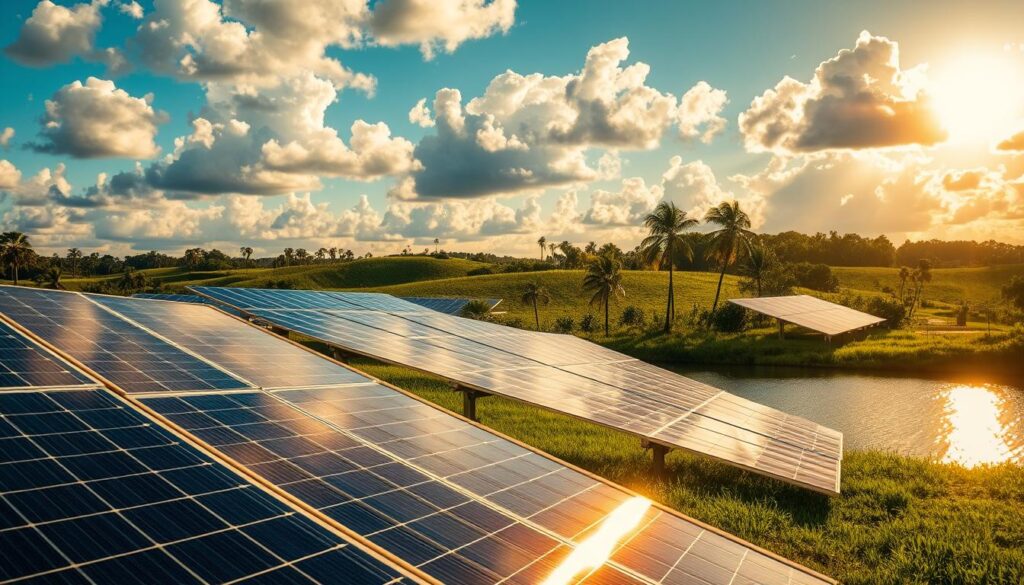 Sweeping solar panels gently tilted towards the Florida sun, casting shimmering reflections across a tranquil lake. In the foreground, a state-of-the-art MSM Solar LLC solar farm, its sleek, modern design blending seamlessly with the lush, verdant landscape. The middle ground features rolling hills dotted with swaying palm trees, their fronds catching the warm, golden rays. The background showcases a vibrant, azure sky, punctuated by fluffy, cumulus clouds that cast dynamic shadows across the scene. The overall atmosphere exudes a sense of clean, renewable energy and environmental harmony, perfectly capturing the essence of solar power production in Florida's climate. Sweeping solar panels gently tilted towards the Florida sun, casting shimmering reflections across a tranquil lake. In the foreground, a state-of-the-art MSM Solar LLC solar farm, its sleek, modern design blending seamlessly with the lush, verdant landscape. The middle ground features rolling hills dotted with swaying palm trees, their fronds catching the warm, golden rays. The background showcases a vibrant, azure sky, punctuated by fluffy, cumulus clouds that cast dynamic shadows across the scene. The overall atmosphere exudes a sense of clean, renewable energy and environmental harmony, perfectly capturing the essence of solar power production in Florida's climate.