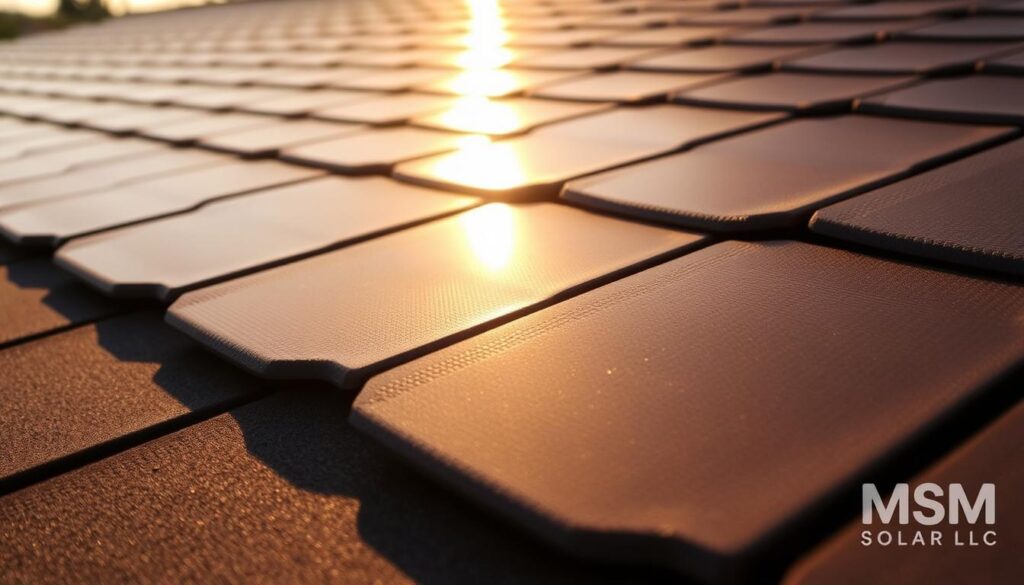 A close-up view of a Tesla Solar Roof tile, showcasing its durability and weather-resistant features. The tile is bathed in warm, golden sunlight, highlighting its sleek, low-profile design. The surface appears rugged and textured, with a subtle sheen that suggests its resistance to the elements. In the background, a faint impression of a Florida landscape can be seen, hinting at the tile's suitability for the region's climate. Watermark images with MSM Solar LLC. A close-up view of a Tesla Solar Roof tile, showcasing its durability and weather-resistant features. The tile is bathed in warm, golden sunlight, highlighting its sleek, low-profile design. The surface appears rugged and textured, with a subtle sheen that suggests its resistance to the elements. In the background, a faint impression of a Florida landscape can be seen, hinting at the tile's suitability for the region's climate. Watermark images with MSM Solar LLC.