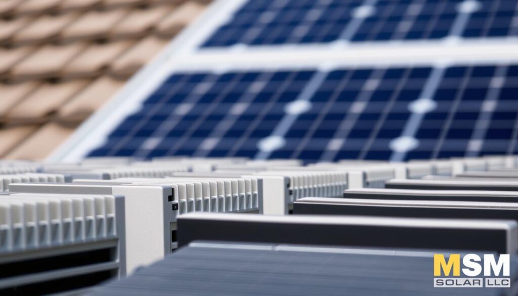 A close-up view of a set of microinverters designed for a solar power system. The microinverters are neatly arranged, with their sleek metallic casings and cooling fins visible. The lighting is bright and even, highlighting the intricate details and engineering of these crucial components. In the background, a blurred solar panel can be seen, suggesting the integration of these microinverters into a larger solar power setup. The overall mood is one of technical precision and efficiency, befitting the role of microinverters in optimizing the performance of solar panels, even in shaded areas. Watermark Images with MSM Solar LLC. A close-up view of a set of microinverters designed for a solar power system. The microinverters are neatly arranged, with their sleek metallic casings and cooling fins visible. The lighting is bright and even, highlighting the intricate details and engineering of these crucial components. In the background, a blurred solar panel can be seen, suggesting the integration of these microinverters into a larger solar power setup. The overall mood is one of technical precision and efficiency, befitting the role of microinverters in optimizing the performance of solar panels, even in shaded areas. Watermark Images with MSM Solar LLC.