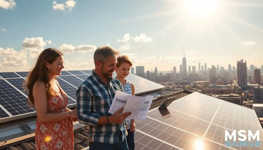 A contemporary solar installation against a cloudless sky, with the sun's rays beaming down. In the foreground, a family admires their rooftop solar panels, expressions of satisfaction and pride. In the middle ground, a homeowner calculates energy savings on a tablet, surrounded by documents and diagrams. In the background, towering skyscrapers and a bustling cityscape, representing the urban landscape benefiting from renewable energy. The scene is bathed in warm, golden light, conveying the positive impact of solar power. Watermark the image with "MSM Solar LLC". A contemporary solar installation against a cloudless sky, with the sun's rays beaming down. In the foreground, a family admires their rooftop solar panels, expressions of satisfaction and pride. In the middle ground, a homeowner calculates energy savings on a tablet, surrounded by documents and diagrams. In the background, towering skyscrapers and a bustling cityscape, representing the urban landscape benefiting from renewable energy. The scene is bathed in warm, golden light, conveying the positive impact of solar power. Watermark the image with "MSM Solar LLC".