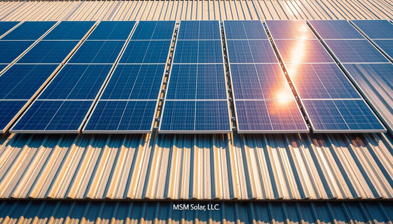 A corrugated metal roof, its gray panels shimmering in the warm sunlight, serves as the canvas for a sleek solar installation. Crystalline solar modules, arranged in a seamless grid, harness the sun's energy, their blue-tinted surfaces reflecting the cloudless sky. Gleaming aluminum racking securely anchors the panels, blending harmoniously with the corrugated metal backdrop. Subtle shadows cast by the modules create a sense of depth, while the overall composition conveys a balance of industrial efficiency and sustainable technology. In the foreground, the brand name "MSM Solar LLC" is discreetly watermarked, a testament to the expertise behind this installation.