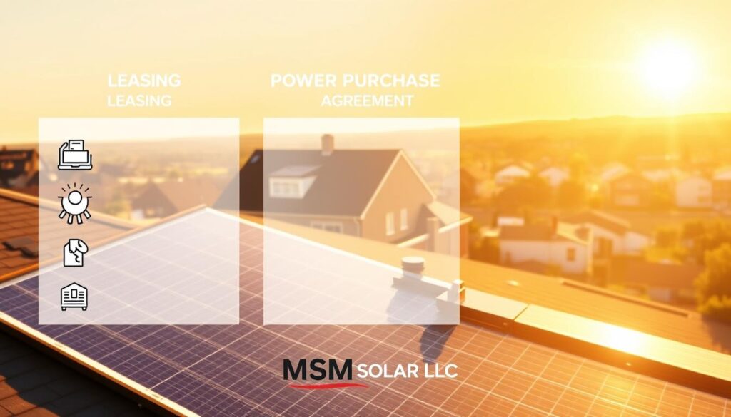 A crisp, clean-lined comparison of solar financing options, showcased against a warm, sunlit backdrop. In the foreground, a triptych of financial models - leasing, power purchase agreement, and outright purchase - each with distinct icons and infographic elements. The middle ground features a sleek, modern residential solar installation, bathed in soft, directional lighting that casts subtle shadows. In the background, a sweeping panorama of a sun-drenched suburban landscape, with the "MSM Solar LLC" brand prominently displayed in the lower corner, establishing the provider's authority. The overall mood is one of informed, authoritative guidance on navigating solar financing decisions. A crisp, clean-lined comparison of solar financing options, showcased against a warm, sunlit backdrop. In the foreground, a triptych of financial models - leasing, power purchase agreement, and outright purchase - each with distinct icons and infographic elements. The middle ground features a sleek, modern residential solar installation, bathed in soft, directional lighting that casts subtle shadows. In the background, a sweeping panorama of a sun-drenched suburban landscape, with the "MSM Solar LLC" brand prominently displayed in the lower corner, establishing the provider's authority. The overall mood is one of informed, authoritative guidance on navigating solar financing decisions.