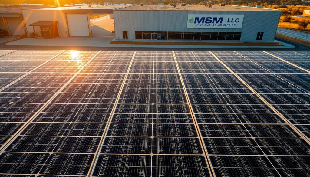 A detailed aerial view of a solar cell array, capturing the intricate patterns and geometry of the individual solar cells. The cells are bathed in warm, golden sunlight, casting soft shadows and highlighting the complex circuitry. In the background, a modern industrial building with the MSM Solar LLC logo prominently displayed, signifying the source of this renewable energy production. The overall scene conveys the efficient, clean, and sustainable nature of solar power generation. A detailed aerial view of a solar cell array, capturing the intricate patterns and geometry of the individual solar cells. The cells are bathed in warm, golden sunlight, casting soft shadows and highlighting the complex circuitry. In the background, a modern industrial building with the MSM Solar LLC logo prominently displayed, signifying the source of this renewable energy production. The overall scene conveys the efficient, clean, and sustainable nature of solar power generation.