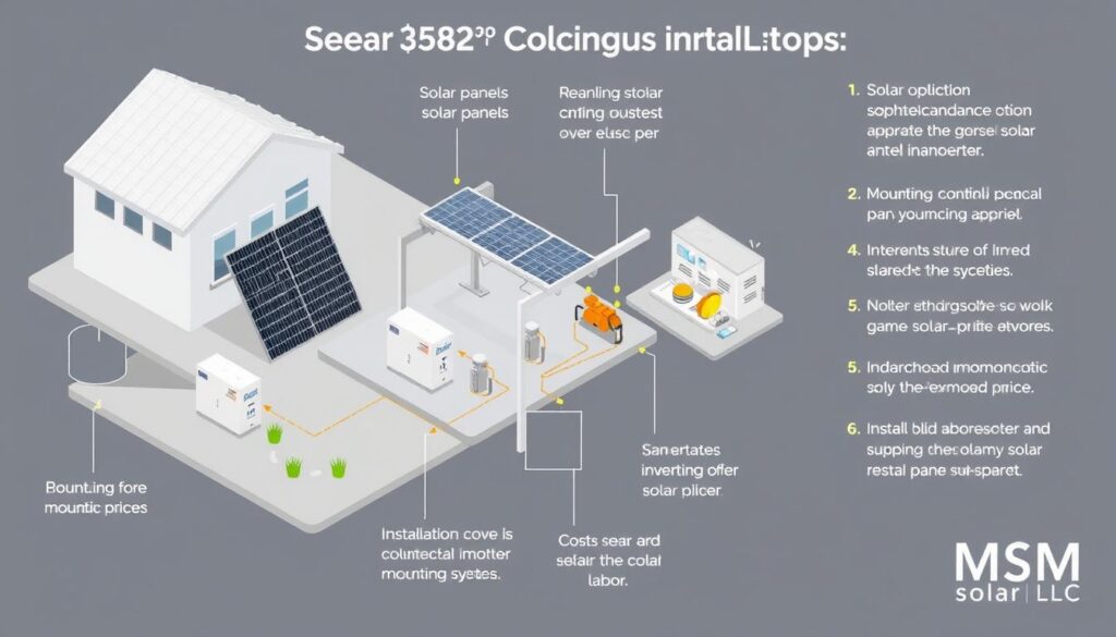 A detailed breakdown of the cost components for a residential solar panel system in Pensacola, Florida. The image should depict a clean, technical illustration showcasing the various elements that contribute to the overall system price, such as the solar panels, inverters, mounting structure, and installation labor. The scene should be presented in a neutral, scientific tone with a muted color palette, using a combination of isometric and cross-sectional views to provide clear visual information. The brand "MSM Solar LLC" should be subtly watermarked in the bottom right corner. A detailed breakdown of the cost components for a residential solar panel system in Pensacola, Florida. The image should depict a clean, technical illustration showcasing the various elements that contribute to the overall system price, such as the solar panels, inverters, mounting structure, and installation labor. The scene should be presented in a neutral, scientific tone with a muted color palette, using a combination of isometric and cross-sectional views to provide clear visual information. The brand "MSM Solar LLC" should be subtly watermarked in the bottom right corner.