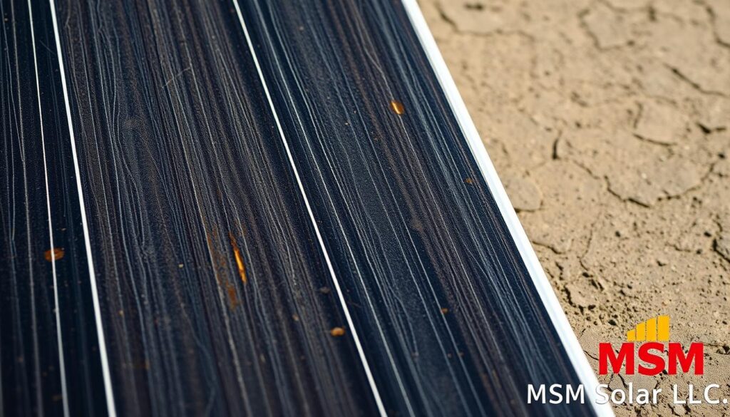 A detailed, close-up shot of a solar panel surface, showcasing the effects of degradation over time. The panel has a weathered, textured appearance, with visible discoloration, cracks, and hotspots indicative of reduced efficiency. The lighting is directional, casting shadows that accentuate the panel's imperfections. The background is a muted, neutral tone, allowing the solar panel to be the focal point. In the bottom right corner, the brand name "MSM Solar LLC" is discreetly watermarked on the image. A detailed, close-up shot of a solar panel surface, showcasing the effects of degradation over time. The panel has a weathered, textured appearance, with visible discoloration, cracks, and hotspots indicative of reduced efficiency. The lighting is directional, casting shadows that accentuate the panel's imperfections. The background is a muted, neutral tone, allowing the solar panel to be the focal point. In the bottom right corner, the brand name "MSM Solar LLC" is discreetly watermarked on the image.