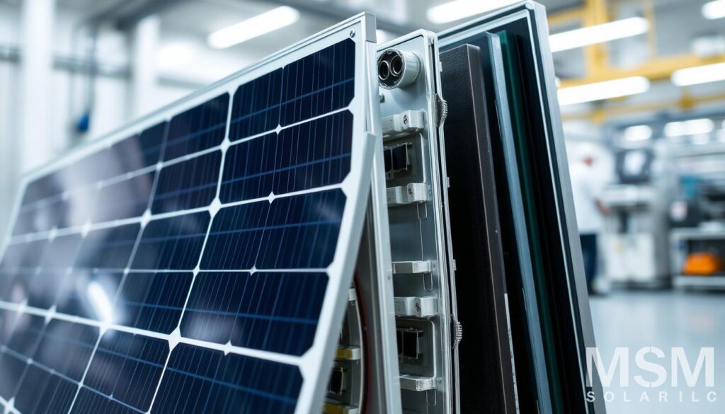 A detailed cross-section of solar panel materials, illuminated by soft, diffused lighting. In the foreground, various components are meticulously arranged, including solar cells, protective glass, and electrical connectors. The middle ground showcases the complex layering of materials like aluminum frames, encapsulant layers, and backsheets, all designed for durability and safety. The background fades into a clean, laboratory-like environment, highlighting the precise engineering and manufacturing processes behind solar panel construction. Watermark the image with "MSM Solar LLC". A detailed cross-section of solar panel materials, illuminated by soft, diffused lighting. In the foreground, various components are meticulously arranged, including solar cells, protective glass, and electrical connectors. The middle ground showcases the complex layering of materials like aluminum frames, encapsulant layers, and backsheets, all designed for durability and safety. The background fades into a clean, laboratory-like environment, highlighting the precise engineering and manufacturing processes behind solar panel construction. Watermark the image with "MSM Solar LLC".