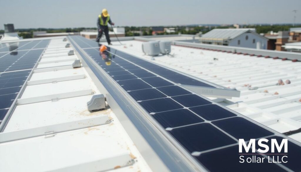 A detailed, neatly-organized rooftop scene with a focus on preventing leaks. In the foreground, a close-up view of a solar panel installation, with special attention to the flashing and sealant around the panel frame. In the middle ground, a technician inspecting the roof, checking for any cracks or gaps that could allow water intrusion. In the background, a wider view of the entire rooftop, showcasing the overall roof construction and materials. Bright, even lighting illuminates the scene, highlighting the technical aspects. A watermark in the bottom right corner reads "MSM Solar LLC". A detailed, neatly-organized rooftop scene with a focus on preventing leaks. In the foreground, a close-up view of a solar panel installation, with special attention to the flashing and sealant around the panel frame. In the middle ground, a technician inspecting the roof, checking for any cracks or gaps that could allow water intrusion. In the background, a wider view of the entire rooftop, showcasing the overall roof construction and materials. Bright, even lighting illuminates the scene, highlighting the technical aspects. A watermark in the bottom right corner reads "MSM Solar LLC".
