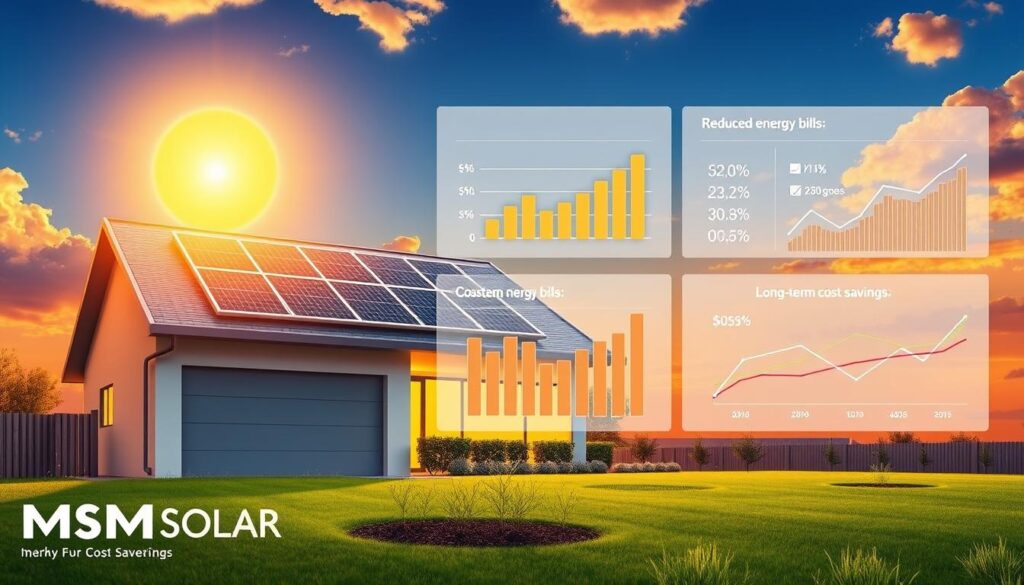 A detailed, visually striking illustration showcasing the cost savings of a solar system. In the foreground, a sleek, modern home with solar panels installed prominently. The panels cast a warm, golden glow, illuminating the scene. In the midground, a series of bar graphs and line charts display the financial benefits of solar, including reduced energy bills and long-term cost savings. The background features a vibrant, sun-drenched sky, hinting at the renewable energy powering the home. Watermarked with the brand "MSM Solar LLC" to indicate the solar provider. A detailed, visually striking illustration showcasing the cost savings of a solar system. In the foreground, a sleek, modern home with solar panels installed prominently. The panels cast a warm, golden glow, illuminating the scene. In the midground, a series of bar graphs and line charts display the financial benefits of solar, including reduced energy bills and long-term cost savings. The background features a vibrant, sun-drenched sky, hinting at the renewable energy powering the home. Watermarked with the brand "MSM Solar LLC" to indicate the solar provider.