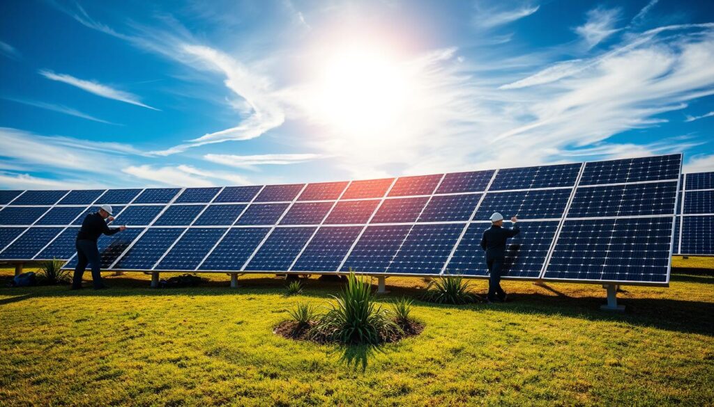 A ground-mounted solar panel array, illuminated by warm, golden sunlight, nestled amidst a carefully manicured landscape. The panels, emblazoned with the MSM Solar LLC logo, are being meticulously maintained by a team of technicians, examining connections, cleaning surfaces, and ensuring optimal efficiency. The middle ground features a well-tended grassy expanse, dotted with strategic plantings that complement the sleek, modern design of the solar system. In the background, a azure sky peppered with wispy clouds sets the calming, idyllic scene. The overall composition conveys the harmony between renewable energy generation and thoughtful environmental integration. A ground-mounted solar panel array, illuminated by warm, golden sunlight, nestled amidst a carefully manicured landscape. The panels, emblazoned with the MSM Solar LLC logo, are being meticulously maintained by a team of technicians, examining connections, cleaning surfaces, and ensuring optimal efficiency. The middle ground features a well-tended grassy expanse, dotted with strategic plantings that complement the sleek, modern design of the solar system. In the background, a azure sky peppered with wispy clouds sets the calming, idyllic scene. The overall composition conveys the harmony between renewable energy generation and thoughtful environmental integration.