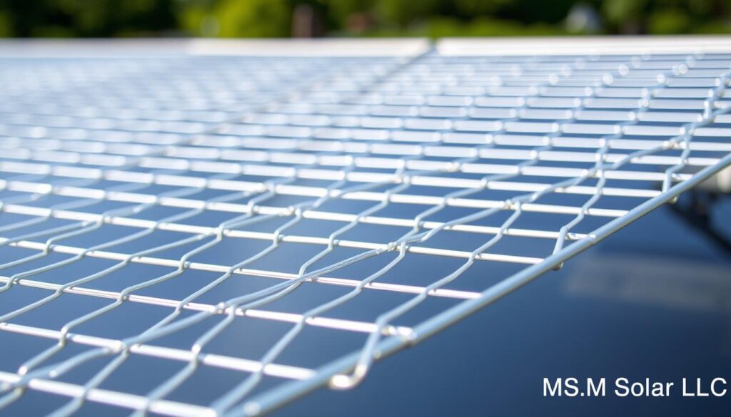 A high-quality, close-up view of a sturdy wire mesh panel designed for solar panel protection. The mesh is composed of thin yet durable metallic wires, woven together in a tight, uniform grid pattern. The wires appear silvery and lustrous, with a slight metallic sheen that catches the light. The mesh is positioned in the foreground, filling the frame, with a blurred background suggesting an outdoor setting. The lighting is natural and diffused, creating subtle shadows that accentuate the mesh's three-dimensional structure. Watermark the image with "MSM Solar LLC". A high-quality, close-up view of a sturdy wire mesh panel designed for solar panel protection. The mesh is composed of thin yet durable metallic wires, woven together in a tight, uniform grid pattern. The wires appear silvery and lustrous, with a slight metallic sheen that catches the light. The mesh is positioned in the foreground, filling the frame, with a blurred background suggesting an outdoor setting. The lighting is natural and diffused, creating subtle shadows that accentuate the mesh's three-dimensional structure. Watermark the image with "MSM Solar LLC".