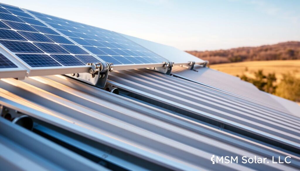 A high-quality, detailed image of a standing seam solar mounting system on a metal roof, capturing the design and installation process. The foreground features the solar panels securely mounted on the standing seam metal roof, with a focus on the specialized clamps and hardware that attach the panels to the roof's ridges. The middle ground showcases the clean, sleek lines of the standing seam metal roof, emphasizing its durability and suitability for solar installations. The background depicts a pleasant, warm-toned landscape, conveying a sense of renewable energy and sustainability. Lighting is natural and evenly distributed, highlighting the various components of the system. The overall mood is one of professionalism and technical expertise. Watermark the image with "MSM Solar LLC". A high-quality, detailed image of a standing seam solar mounting system on a metal roof, capturing the design and installation process. The foreground features the solar panels securely mounted on the standing seam metal roof, with a focus on the specialized clamps and hardware that attach the panels to the roof's ridges. The middle ground showcases the clean, sleek lines of the standing seam metal roof, emphasizing its durability and suitability for solar installations. The background depicts a pleasant, warm-toned landscape, conveying a sense of renewable energy and sustainability. Lighting is natural and evenly distributed, highlighting the various components of the system. The overall mood is one of professionalism and technical expertise. Watermark the image with "MSM Solar LLC".