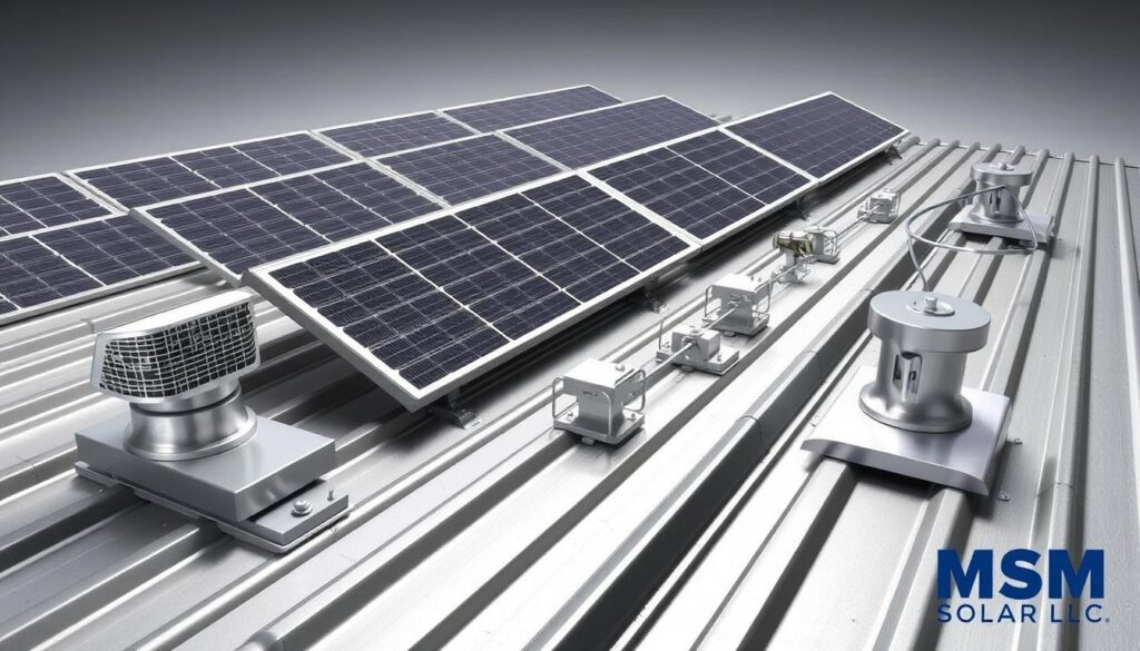 A high-quality, detailed image of various solar mounting systems for metal roofs, showcasing their diverse designs and features. Prominently display a wide range of mounting options, including standing seam, flush-mount, and tilt-adjustable systems. Capture the sleek, modern aesthetic of these systems, highlighting their seamless integration with the metal roof surface. Depict the systems in a well-lit, evenly illuminated environment to showcase their intricate components and robust construction. Watermark the image with the brand name "MSM Solar LLC". A high-quality, detailed image of various solar mounting systems for metal roofs, showcasing their diverse designs and features. Prominently display a wide range of mounting options, including standing seam, flush-mount, and tilt-adjustable systems. Capture the sleek, modern aesthetic of these systems, highlighting their seamless integration with the metal roof surface. Depict the systems in a well-lit, evenly illuminated environment to showcase their intricate components and robust construction. Watermark the image with the brand name "MSM Solar LLC".