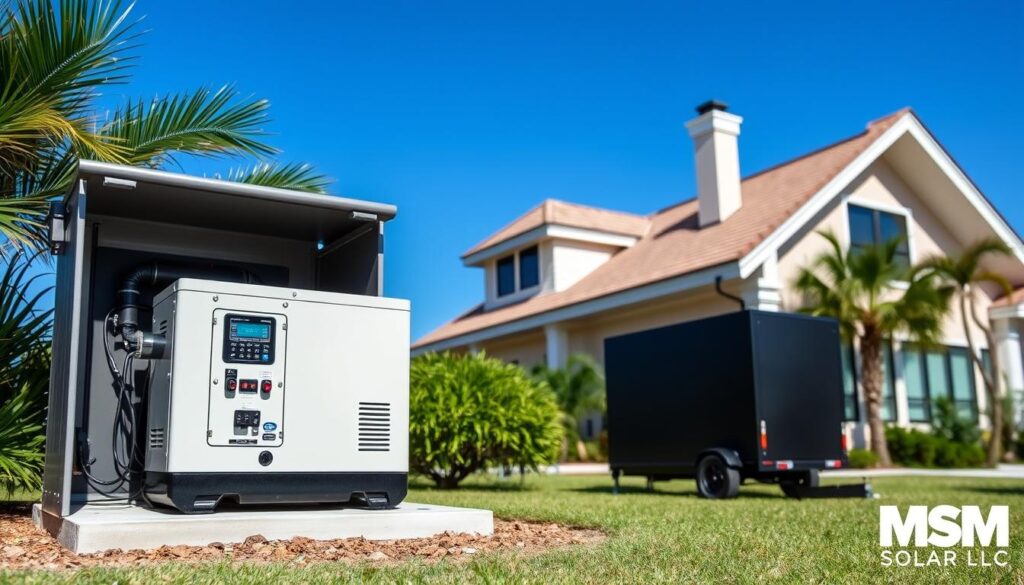 A high-resolution, detailed image of a standby generator installation for a modern home in Pensacola, Florida. The generator is housed in a weatherproof enclosure, surrounded by lush greenery and set against a backdrop of clear blue skies. The foreground showcases the generator's control panel, fuel tank, and connection points, with a focus on the sleek, minimalist design. The middle ground features the generator's exhaust system and air intake, while the background includes the home's exterior, showcasing its architectural style. The lighting is natural, with soft shadows and highlights that accentuate the generator's form and function. Watermark the image with "MSM Solar LLC". A high-resolution, detailed image of a standby generator installation for a modern home in Pensacola, Florida. The generator is housed in a weatherproof enclosure, surrounded by lush greenery and set against a backdrop of clear blue skies. The foreground showcases the generator's control panel, fuel tank, and connection points, with a focus on the sleek, minimalist design. The middle ground features the generator's exhaust system and air intake, while the background includes the home's exterior, showcasing its architectural style. The lighting is natural, with soft shadows and highlights that accentuate the generator's form and function. Watermark the image with "MSM Solar LLC".