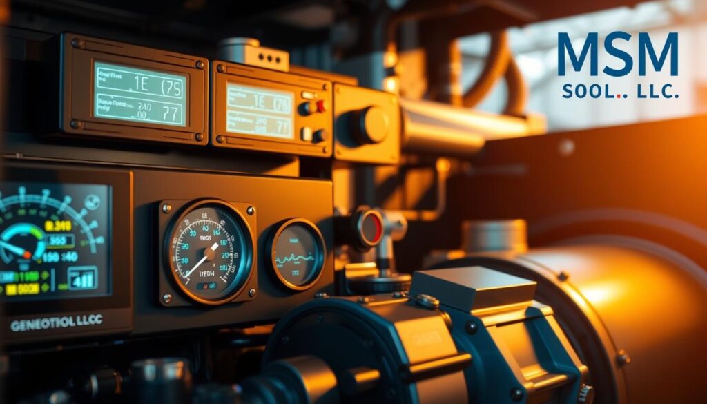 A high-tech automatic generator monitoring system with sleek digital displays and advanced sensors. The camera captures a close-up view, showcasing the intricate machinery and gauges that provide real-time data on the generator's performance. Soft, warm lighting illuminates the scene, creating a professional, industrial atmosphere. In the background, a subtle watermark for "MSM Solar LLC" adds a touch of branding to the image. A high-tech automatic generator monitoring system with sleek digital displays and advanced sensors. The camera captures a close-up view, showcasing the intricate machinery and gauges that provide real-time data on the generator's performance. Soft, warm lighting illuminates the scene, creating a professional, industrial atmosphere. In the background, a subtle watermark for "MSM Solar LLC" adds a touch of branding to the image.