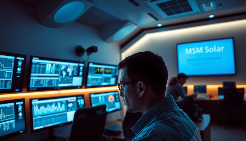 A high-tech control room with multiple displays and monitoring equipment, showcasing the advanced capabilities of MSM Solar LLC's solar panel monitoring solutions. Sleek, minimalist design with a dim, atmospheric lighting that casts a warm glow across the workspace. Rows of sleek, high-resolution screens display real-time data and analytics, allowing technicians to track system performance and optimize energy production. In the foreground, a technician studies the data intently, their face illuminated by the soft blue light of the screens. The background features a wall-mounted logo of MSM Solar LLC, subtly branding the scene. A high-tech control room with multiple displays and monitoring equipment, showcasing the advanced capabilities of MSM Solar LLC's solar panel monitoring solutions. Sleek, minimalist design with a dim, atmospheric lighting that casts a warm glow across the workspace. Rows of sleek, high-resolution screens display real-time data and analytics, allowing technicians to track system performance and optimize energy production. In the foreground, a technician studies the data intently, their face illuminated by the soft blue light of the screens. The background features a wall-mounted logo of MSM Solar LLC, subtly branding the scene.