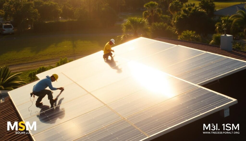 A large solar panel installation process in progress, with technicians carefully aligning and securing the panels on a residential rooftop. The scene is illuminated by a warm, natural sunlight that casts long shadows, creating a sense of depth and dimension. The panels reflect the sky above, giving the image a serene, almost mirrored effect. In the foreground, a technician is working diligently, while in the middle ground, another technician is connecting the panels to the electrical system. In the background, the lush, verdant landscape of Florida provides a picturesque setting. The image is watermarked with the brand name "MSM Solar LLC". A large solar panel installation process in progress, with technicians carefully aligning and securing the panels on a residential rooftop. The scene is illuminated by a warm, natural sunlight that casts long shadows, creating a sense of depth and dimension. The panels reflect the sky above, giving the image a serene, almost mirrored effect. In the foreground, a technician is working diligently, while in the middle ground, another technician is connecting the panels to the electrical system. In the background, the lush, verdant landscape of Florida provides a picturesque setting. The image is watermarked with the brand name "MSM Solar LLC".