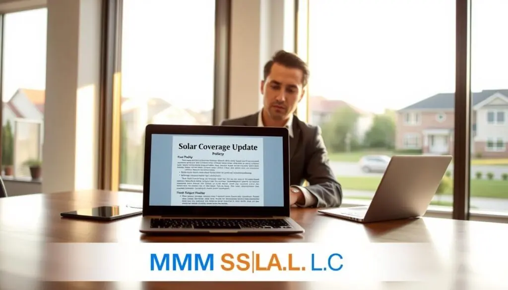A modern office interior with large windows overlooking a suburban neighborhood. On the desk, a laptop displays a policy document titled "Solar Coverage Update". A professional-looking person in business attire sits at the desk, reviewing the document intently. Soft, directional lighting emanates from the windows, casting a warm, productive atmosphere. The MSM Solar LLC logo is subtly watermarked in the bottom corner of the scene. A modern office interior with large windows overlooking a suburban neighborhood. On the desk, a laptop displays a policy document titled "Solar Coverage Update". A professional-looking person in business attire sits at the desk, reviewing the document intently. Soft, directional lighting emanates from the windows, casting a warm, productive atmosphere. The MSM Solar LLC logo is subtly watermarked in the bottom corner of the scene.