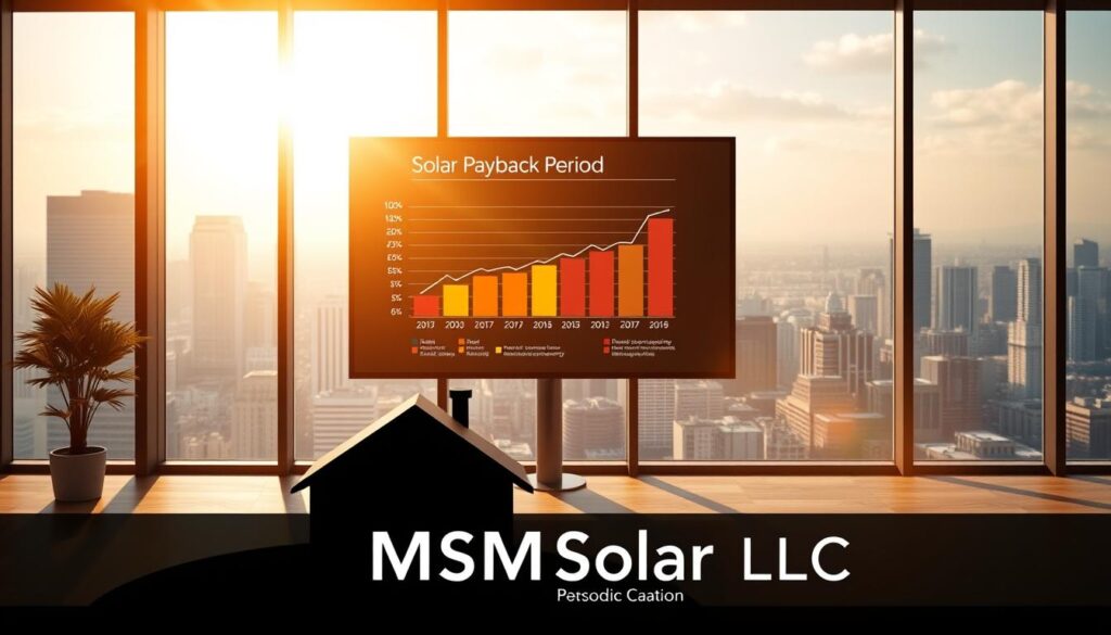 A modern office space, bathed in warm, natural light. In the center, a sleek, high-resolution display showcases a detailed infographic on "solar payback period years." The chart is visually striking, with clean lines, vibrant colors, and intuitive data visualization. In the foreground, a stylized silhouette of a home or commercial building, representing the energy-efficient structures that benefit from solar panel installation. The background features a panoramic view of a bustling city skyline, symbolizing the urban landscapes where solar energy solutions are transforming businesses. The entire scene is watermarked with the brand name "MSM Solar LLC," lending an air of authority and expertise to the image. A modern office space, bathed in warm, natural light. In the center, a sleek, high-resolution display showcases a detailed infographic on "solar payback period years." The chart is visually striking, with clean lines, vibrant colors, and intuitive data visualization. In the foreground, a stylized silhouette of a home or commercial building, representing the energy-efficient structures that benefit from solar panel installation. The background features a panoramic view of a bustling city skyline, symbolizing the urban landscapes where solar energy solutions are transforming businesses. The entire scene is watermarked with the brand name "MSM Solar LLC," lending an air of authority and expertise to the image.