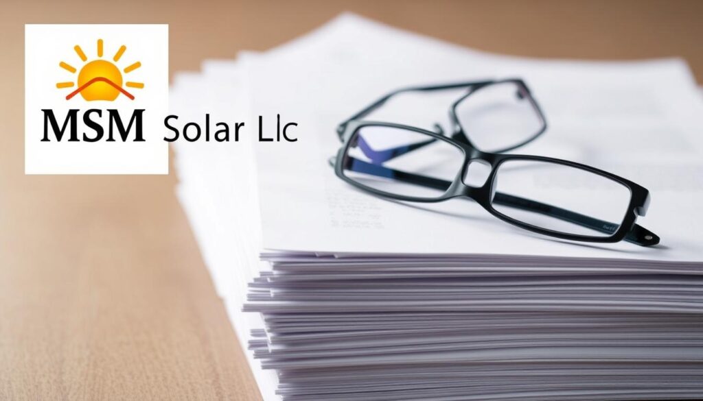 A neatly organized stack of legal documents, their crisp pages illuminated by soft, diffused lighting. The logo of "MSM Solar LLC" prominently displayed in the corner, lending an air of authority and legitimacy. In the middle ground, a pair of reading glasses rests atop the stack, hinting at the careful attention required to navigate these important papers. The background is a muted, neutral tone, allowing the key elements to take center stage and convey the seriousness and legality of the subject matter. A neatly organized stack of legal documents, their crisp pages illuminated by soft, diffused lighting. The logo of "MSM Solar LLC" prominently displayed in the corner, lending an air of authority and legitimacy. In the middle ground, a pair of reading glasses rests atop the stack, hinting at the careful attention required to navigate these important papers. The background is a muted, neutral tone, allowing the key elements to take center stage and convey the seriousness and legality of the subject matter.
