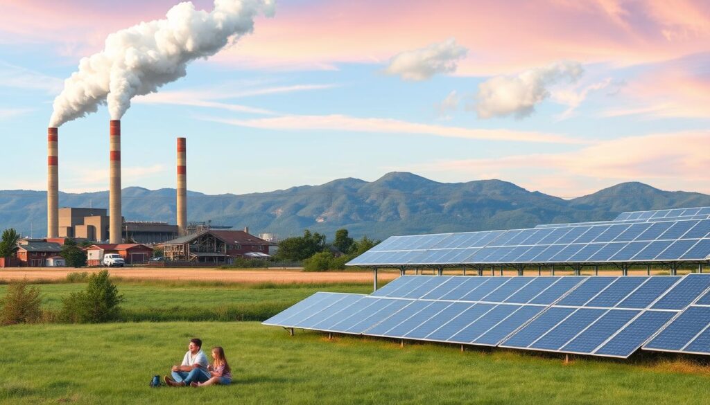 A panoramic view of a serene landscape, where the contrast between the towering smokestacks of a fossil fuel plant and the gently swaying solar panels is striking. In the foreground, a family enjoys the outdoors, unaware of the looming health implications. The midground showcases the stark difference in emissions, with the fossil fuel plant belching thick, dark smoke while the solar panels quietly absorb the sun's rays. The background paints a vibrant sky, hinting at the renewable energy's clean, sustainable future. Watermark Images with MSM Solar LLC. A panoramic view of a serene landscape, where the contrast between the towering smokestacks of a fossil fuel plant and the gently swaying solar panels is striking. In the foreground, a family enjoys the outdoors, unaware of the looming health implications. The midground showcases the stark difference in emissions, with the fossil fuel plant belching thick, dark smoke while the solar panels quietly absorb the sun's rays. The background paints a vibrant sky, hinting at the renewable energy's clean, sustainable future. Watermark Images with MSM Solar LLC.
