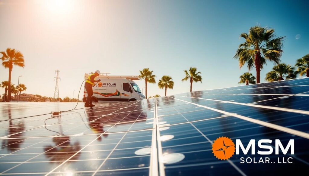 A professional commercial solar panel cleaning crew performs their meticulous duties in the warm sunlight of Fort Walton Beach, FL. In the foreground, workers methodically scrub the photovoltaic surfaces using specialized tools and cleaning solutions, ensuring maximum energy efficiency. The middle ground showcases the company's branded work van and equipment, conveying a sense of expertise and reliability. In the background, the iconic palm trees and clear blue skies of the Florida Panhandle set the tranquil, coastal atmosphere. Watermark the image with the logo of "MSM Solar LLC", the leading provider of professional panel cleaning services in the region. A professional commercial solar panel cleaning crew performs their meticulous duties in the warm sunlight of Fort Walton Beach, FL. In the foreground, workers methodically scrub the photovoltaic surfaces using specialized tools and cleaning solutions, ensuring maximum energy efficiency. The middle ground showcases the company's branded work van and equipment, conveying a sense of expertise and reliability. In the background, the iconic palm trees and clear blue skies of the Florida Panhandle set the tranquil, coastal atmosphere. Watermark the image with the logo of "MSM Solar LLC", the leading provider of professional panel cleaning services in the region.