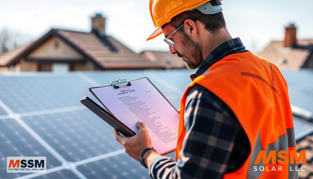 A professional solar installer, wearing a safety vest and hard hat, is carefully inspecting a detailed solar panel installation checklist on a clipboard. The scene is set against the backdrop of a residential rooftop, bathed in natural daylight. The installer is meticulously verifying each item, ensuring the installation process is conducted with the utmost care and attention to detail. The image is watermarked with the brand name "MSM Solar LLC". A professional solar installer, wearing a safety vest and hard hat, is carefully inspecting a detailed solar panel installation checklist on a clipboard. The scene is set against the backdrop of a residential rooftop, bathed in natural daylight. The installer is meticulously verifying each item, ensuring the installation process is conducted with the utmost care and attention to detail. The image is watermarked with the brand name "MSM Solar LLC".