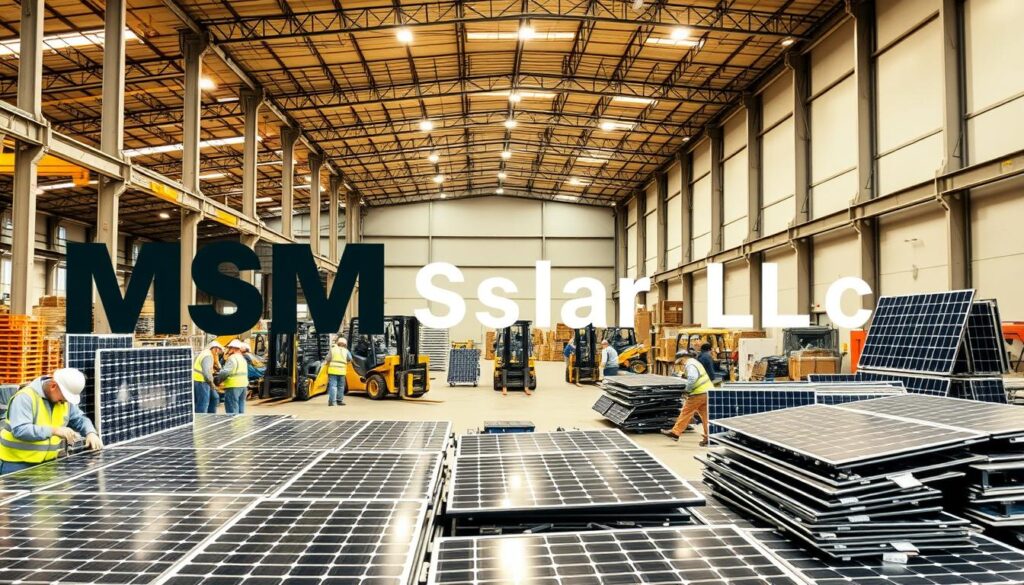 A professional solar recycling service facility with the MSM Solar LLC brand name prominently displayed. The foreground shows a team of workers in protective gear carefully disassembling and sorting solar panels. In the middle ground, forklifts and processing equipment are visible, highlighting the scale and efficiency of the operation. The background depicts a modern, well-lit warehouse with tall ceilings and ample space for storage and logistics. The lighting is warm and natural, creating a sense of professionalism and environmental responsibility. The overall atmosphere conveys a clean, organized, and technologically advanced solar recycling service. A professional solar recycling service facility with the MSM Solar LLC brand name prominently displayed. The foreground shows a team of workers in protective gear carefully disassembling and sorting solar panels. In the middle ground, forklifts and processing equipment are visible, highlighting the scale and efficiency of the operation. The background depicts a modern, well-lit warehouse with tall ceilings and ample space for storage and logistics. The lighting is warm and natural, creating a sense of professionalism and environmental responsibility. The overall atmosphere conveys a clean, organized, and technologically advanced solar recycling service.