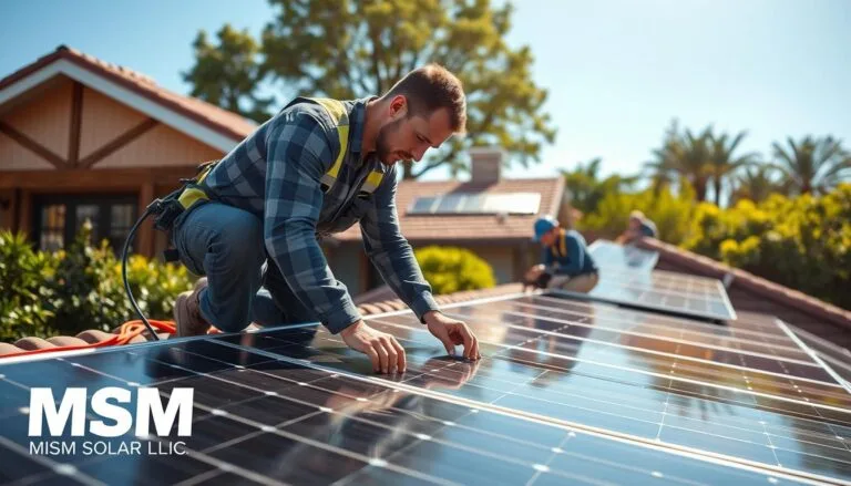 A professional, well-organized solar panel installation process on a residential roof, with a worker in the foreground carefully securing panels, while others work in the middle ground. The background showcases the home's exterior, with lush greenery and a clear blue sky. Bright, warm sunlight illuminates the scene, highlighting the efficient, streamlined installation method. The image is watermarked with the brand name "MSM Solar LLC".