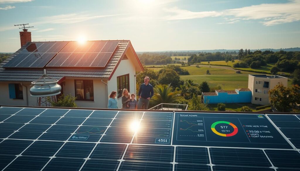 A serene rooftop with solar panels gently tilted towards the sun, casting a warm glow on the well-insulated home below. In the foreground, a family happily gathers, basking in the renewable energy savings provided by the "MSM Solar LLC" system. The middle ground showcases a sleek, modern dashboard tracking real-time energy usage and cost-savings. In the background, a vibrant landscape with lush greenery and a clear blue sky, symbolizing the environmental benefits of sustainable energy solutions. Cinematic lighting accentuates the scene, conveying a sense of tranquility and pride in maximizing solar energy savings. A serene rooftop with solar panels gently tilted towards the sun, casting a warm glow on the well-insulated home below. In the foreground, a family happily gathers, basking in the renewable energy savings provided by the "MSM Solar LLC" system. The middle ground showcases a sleek, modern dashboard tracking real-time energy usage and cost-savings. In the background, a vibrant landscape with lush greenery and a clear blue sky, symbolizing the environmental benefits of sustainable energy solutions. Cinematic lighting accentuates the scene, conveying a sense of tranquility and pride in maximizing solar energy savings.