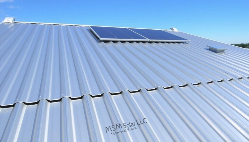 A sleek and modern standing seam metal roof stretches across the frame, its uniform panels reflecting the bright sunlight. The metallic surface gleams with a clean, polished finish, seamlessly blending form and function. In the foreground, the distinctive raised seams run the length of the roof, creating a striking visual pattern. The middle ground showcases the robust construction, with sturdy supports and secure fasteners visible. In the background, a clear blue sky provides the perfect backdrop, emphasizing the roof's striking silhouette. This solar-ready metal roof, bearing the brand name "MSM Solar LLC", represents the perfect fusion of durability and renewable energy potential. A sleek and modern standing seam metal roof stretches across the frame, its uniform panels reflecting the bright sunlight. The metallic surface gleams with a clean, polished finish, seamlessly blending form and function. In the foreground, the distinctive raised seams run the length of the roof, creating a striking visual pattern. The middle ground showcases the robust construction, with sturdy supports and secure fasteners visible. In the background, a clear blue sky provides the perfect backdrop, emphasizing the roof's striking silhouette. This solar-ready metal roof, bearing the brand name "MSM Solar LLC", represents the perfect fusion of durability and renewable energy potential.