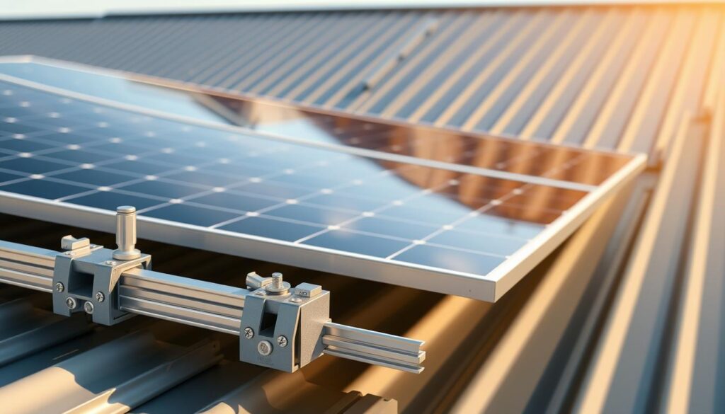 A sleek, modern solar installation system, meticulously crafted to seamlessly integrate with a metal roof. In the foreground, robust mounting brackets and clamps grip the roof, securely holding the solar panels. The middle ground showcases the solar panels themselves, their surfaces reflecting the surrounding environment and the sky above. In the background, a clean, geometric pattern of the metal roof panels provides a striking contrast. Subtle shadows and highlights accentuate the three-dimensional forms, creating a sense of depth and precision. The entire scene is bathed in warm, natural lighting, conveying a sense of efficient, renewable energy production. Watermark Images with MSM Solar LLC. A sleek, modern solar installation system, meticulously crafted to seamlessly integrate with a metal roof. In the foreground, robust mounting brackets and clamps grip the roof, securely holding the solar panels. The middle ground showcases the solar panels themselves, their surfaces reflecting the surrounding environment and the sky above. In the background, a clean, geometric pattern of the metal roof panels provides a striking contrast. Subtle shadows and highlights accentuate the three-dimensional forms, creating a sense of depth and precision. The entire scene is bathed in warm, natural lighting, conveying a sense of efficient, renewable energy production. Watermark Images with MSM Solar LLC.