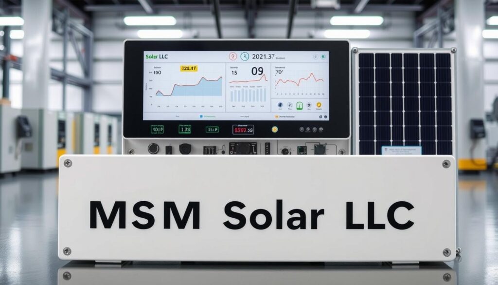 A sleek, modern solar monitoring system featuring a display panel showcasing real-time energy production data, power output graphs, and system health metrics. In the foreground, bold MSM Solar LLC branding is prominently displayed, while the middle ground reveals various sensor nodes and communication modules integrated seamlessly into the system's design. The background depicts a clean, minimalist industrial setting with subtle lighting accents, highlighting the technological sophistication of this cutting-edge solar monitoring solution. A sleek, modern solar monitoring system featuring a display panel showcasing real-time energy production data, power output graphs, and system health metrics. In the foreground, bold MSM Solar LLC branding is prominently displayed, while the middle ground reveals various sensor nodes and communication modules integrated seamlessly into the system's design. The background depicts a clean, minimalist industrial setting with subtle lighting accents, highlighting the technological sophistication of this cutting-edge solar monitoring solution.