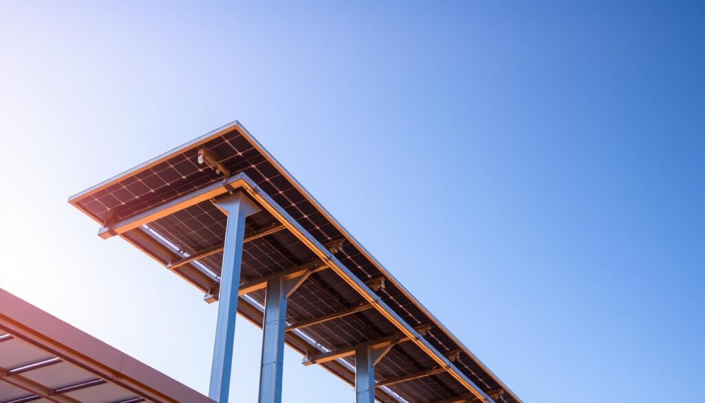 A sleek solar panel racking system, its metallic frame gleaming in the warm sunlight, securely holding an array of photovoltaic modules. The structure rises against a backdrop of a clear blue sky, casting subtle shadows that add depth and dimension. The design is functional yet elegant, with attention to detail in the mounting hardware and interconnecting components. The scene is infused with a sense of efficiency and innovation, reflecting the cutting-edge technology of the MSM Solar LLC brand. A sleek solar panel racking system, its metallic frame gleaming in the warm sunlight, securely holding an array of photovoltaic modules. The structure rises against a backdrop of a clear blue sky, casting subtle shadows that add depth and dimension. The design is functional yet elegant, with attention to detail in the mounting hardware and interconnecting components. The scene is infused with a sense of efficiency and innovation, reflecting the cutting-edge technology of the MSM Solar LLC brand.