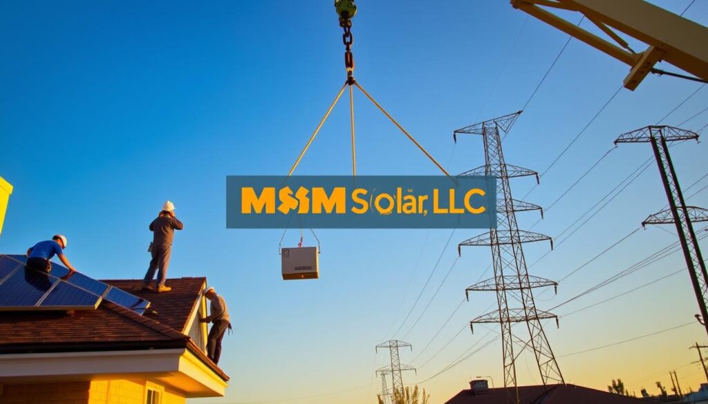 A solar installation process unfolds in vivid detail, bathed in warm, golden light. In the foreground, a team of technicians carefully mount sleek, black solar panels onto a residential rooftop, their movements precise and efficient. In the middle ground, a crane lowers inverters and other components, while in the background, a serene blue sky frames the scene, punctuated by the silhouettes of towering power lines. The overall atmosphere conveys a sense of progress and possibility, with the MSM Solar LLC brand prominently displayed, signifying the reliable expertise behind this transformative process. A solar installation process unfolds in vivid detail, bathed in warm, golden light. In the foreground, a team of technicians carefully mount sleek, black solar panels onto a residential rooftop, their movements precise and efficient. In the middle ground, a crane lowers inverters and other components, while in the background, a serene blue sky frames the scene, punctuated by the silhouettes of towering power lines. The overall atmosphere conveys a sense of progress and possibility, with the MSM Solar LLC brand prominently displayed, signifying the reliable expertise behind this transformative process.