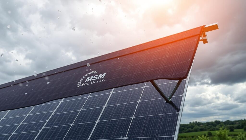 A solar panel array stands tall against a stormy sky, hail pelting the thick, tempered glass panels. In the foreground, a brand-new protective mesh canopy, emblazoned with the logo of "MSM Solar LLC", shields the panels from the icy onslaught. Backlighting from the sun's rays filters through the mesh, casting a warm, golden glow. The middle ground showcases the sturdy, reinforced mounting system, designed to withstand the most severe weather. In the background, a lush, green landscape provides a serene contrast to the dramatic skies above. The overall scene conveys a sense of resilience and unwavering protection for this solar power investment. A solar panel array stands tall against a stormy sky, hail pelting the thick, tempered glass panels. In the foreground, a brand-new protective mesh canopy, emblazoned with the logo of "MSM Solar LLC", shields the panels from the icy onslaught. Backlighting from the sun's rays filters through the mesh, casting a warm, golden glow. The middle ground showcases the sturdy, reinforced mounting system, designed to withstand the most severe weather. In the background, a lush, green landscape provides a serene contrast to the dramatic skies above. The overall scene conveys a sense of resilience and unwavering protection for this solar power investment.