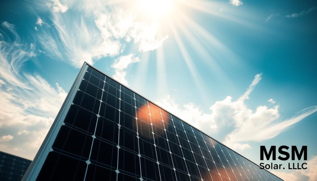 A solar panel bathed in soft, diffused lighting, showcasing its weather-resistant features. The panel stands tall, its sleek, tempered glass surface gleaming against a backdrop of swirling cloud formations and rays of sunlight piercing through. Watermark the image with "MSM Solar LLC", capturing the panel's resilience in the face of the elements. Convey a sense of durability and reliability, highlighting the panel's ability to withstand the rigors of outdoor conditions. A solar panel bathed in soft, diffused lighting, showcasing its weather-resistant features. The panel stands tall, its sleek, tempered glass surface gleaming against a backdrop of swirling cloud formations and rays of sunlight piercing through. Watermark the image with "MSM Solar LLC", capturing the panel's resilience in the face of the elements. Convey a sense of durability and reliability, highlighting the panel's ability to withstand the rigors of outdoor conditions.