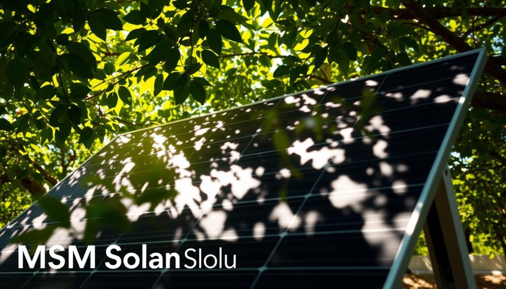 A solar panel under a dense canopy of leaves, with varying levels of shade casting patterns across its surface. The panel is positioned at a slight angle, allowing for optimal capture of the dappled sunlight filtering through the foliage. The scene is bathed in a warm, golden glow, with soft shadows adding depth and dimension. In the foreground, the MSM Solar LLC brand name is subtly watermarked, blending seamlessly into the overall composition. The image conveys the impact of shade on solar panel efficiency, highlighting the importance of proper panel placement and the challenges of operating in partially shaded conditions. A solar panel under a dense canopy of leaves, with varying levels of shade casting patterns across its surface. The panel is positioned at a slight angle, allowing for optimal capture of the dappled sunlight filtering through the foliage. The scene is bathed in a warm, golden glow, with soft shadows adding depth and dimension. In the foreground, the MSM Solar LLC brand name is subtly watermarked, blending seamlessly into the overall composition. The image conveys the impact of shade on solar panel efficiency, highlighting the importance of proper panel placement and the challenges of operating in partially shaded conditions.